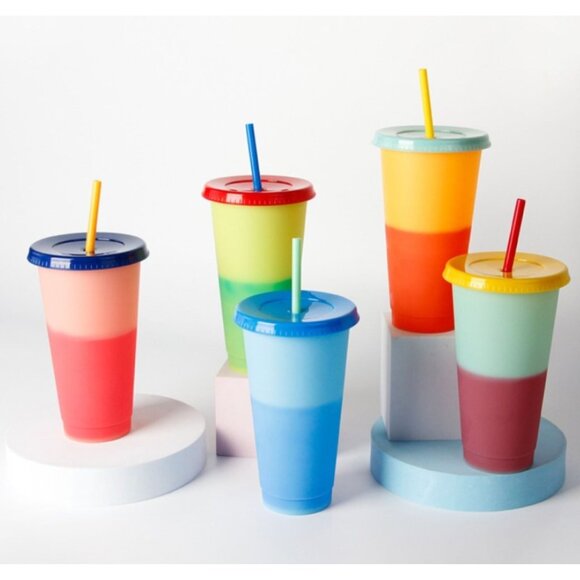 Color Changing Reusable Plastic Cups with Lids & Straws – 5-Pack 24oz (710ml) - Picture 1 of 6
